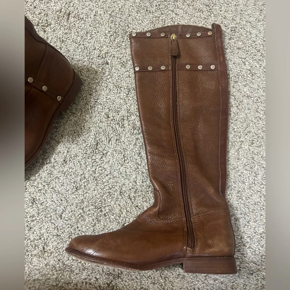 Tory Burch Mae Gold Studs Brown Pebble Leather Tall Riding Boots Women's Size 6